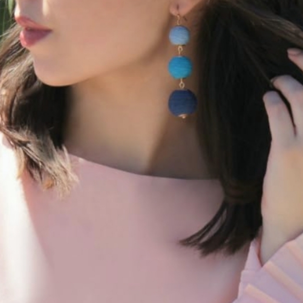 Riviera Blue Gradient Bon Bon Earrings – Yarn Wrapped Sphere Triple Tier